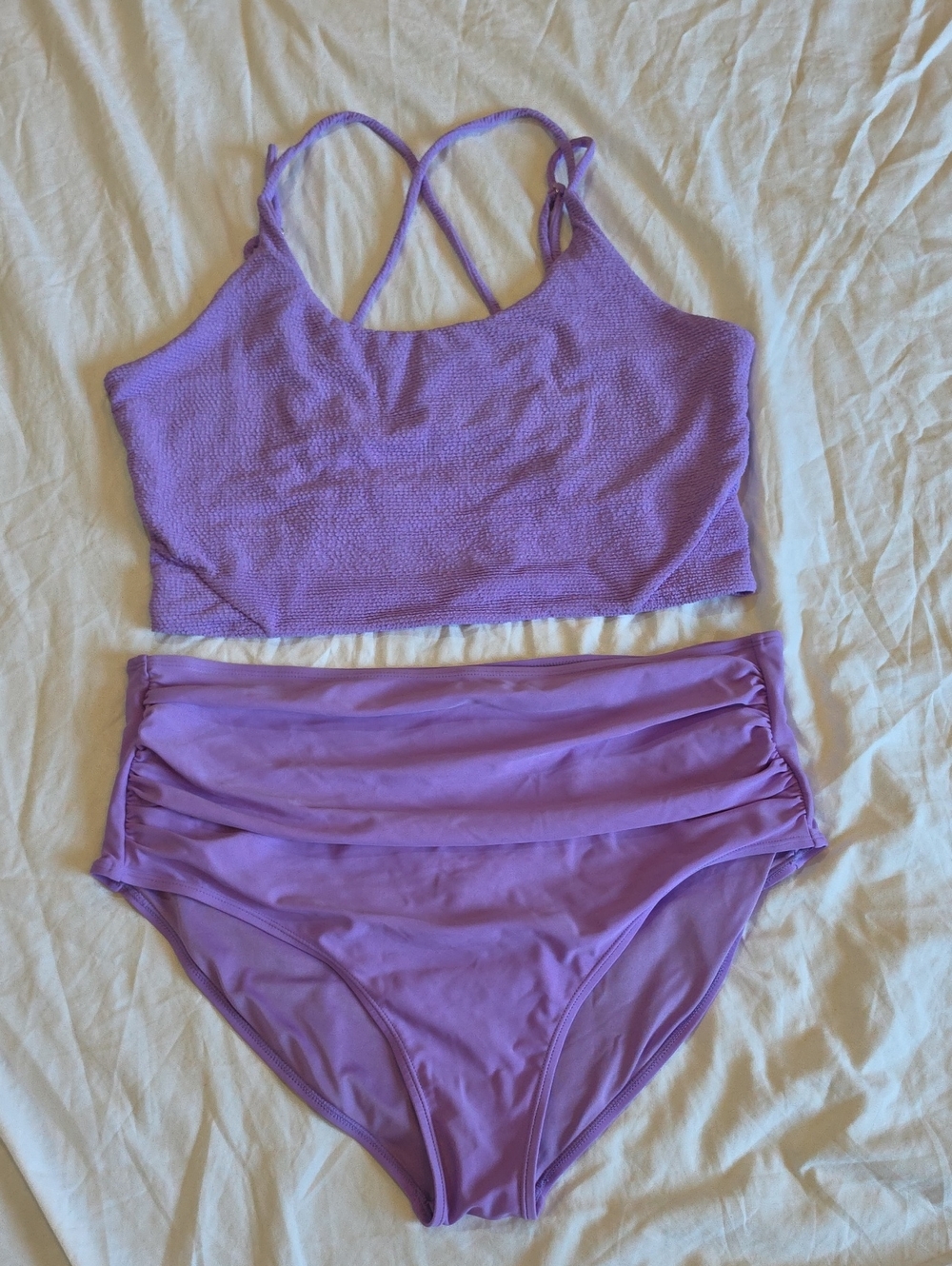 Lilac Ruched High-Waist Bikini Set with Cropped Tankini